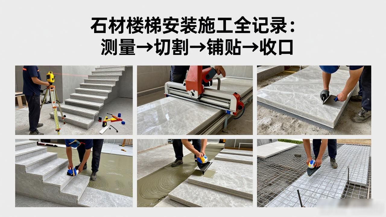 石材楼梯安装施工全记录：测量→切割→铺贴→收口_楼梯铺理石怎么量尺_楼梯石材铺贴方法视频