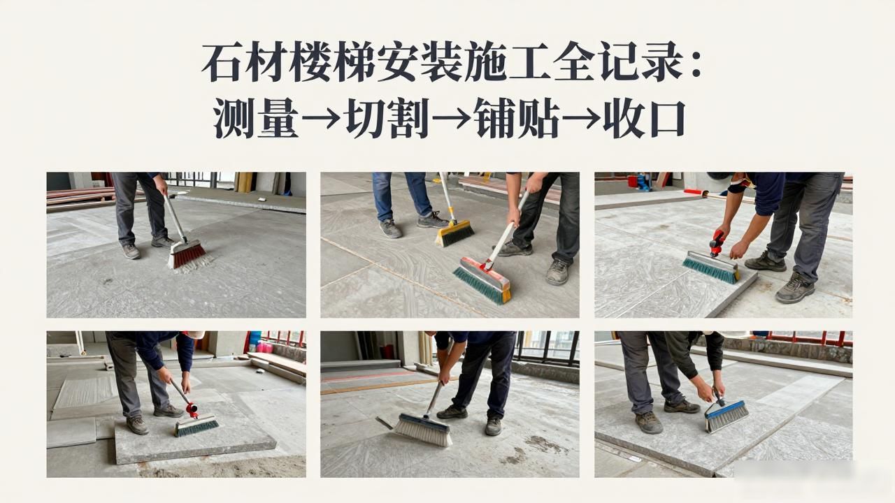 按装楼梯石材尺寸怎么测量_楼梯石材铺贴方法视频_石材楼梯安装施工全记录：测量→切割→铺贴→收口