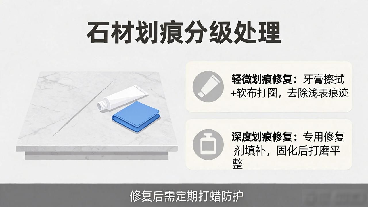 石材有划痕怎么处理_石材划痕修复视频_石材划痕分级处理：轻微与深度划痕修复技巧