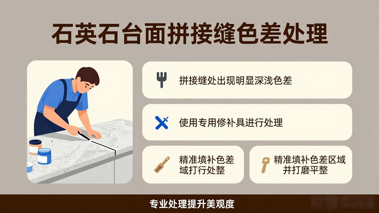 石英石台面拼接缝隙处理步骤_石英石台面拼接缝怎么去除_石英石台面拼接缝的色差处理