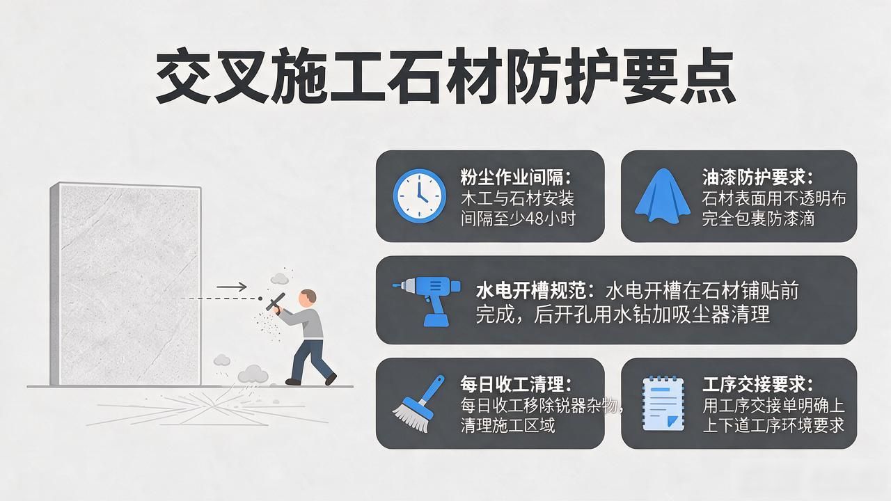 交叉施工成品保护_交叉施工安全措施_交叉施工环境石材防护管理要点