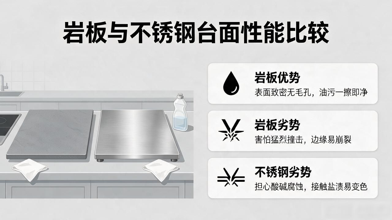 台面是岩板好还是不锈钢好_不锈钢台面哪种材质好点_岩板与不锈钢台面的性能比较