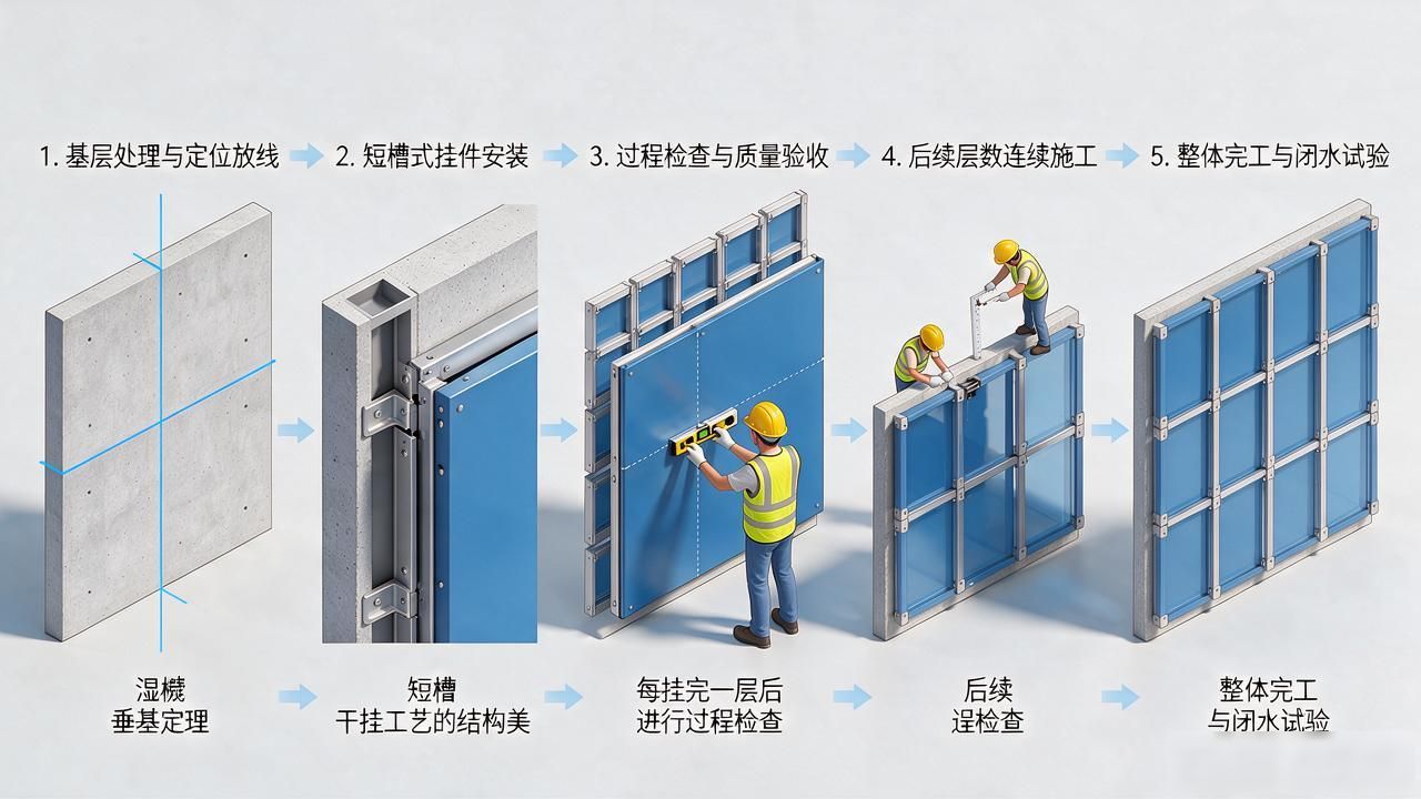 干挂铝板施工视频_短槽式干挂的施工工艺流程_干挂收边条施工视频