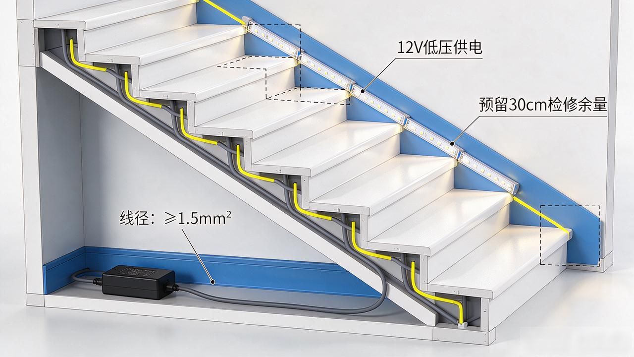 楼梯踏步灯带如何布线_楼梯踏步灯带布线原理_楼梯踏步灯带设计与电路配合