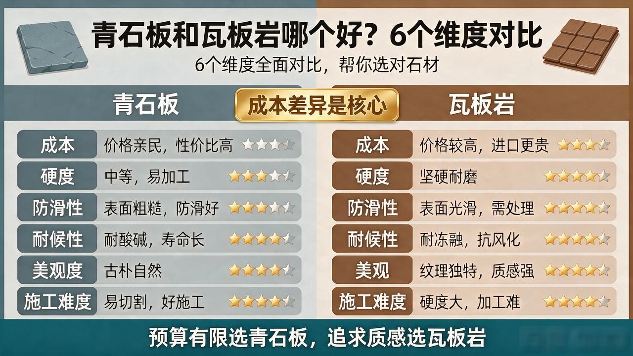 青石板和瓦板岩哪个好？6个维度对比_板岩和大理石有什么区别_板岩和普通瓷砖有什么区别